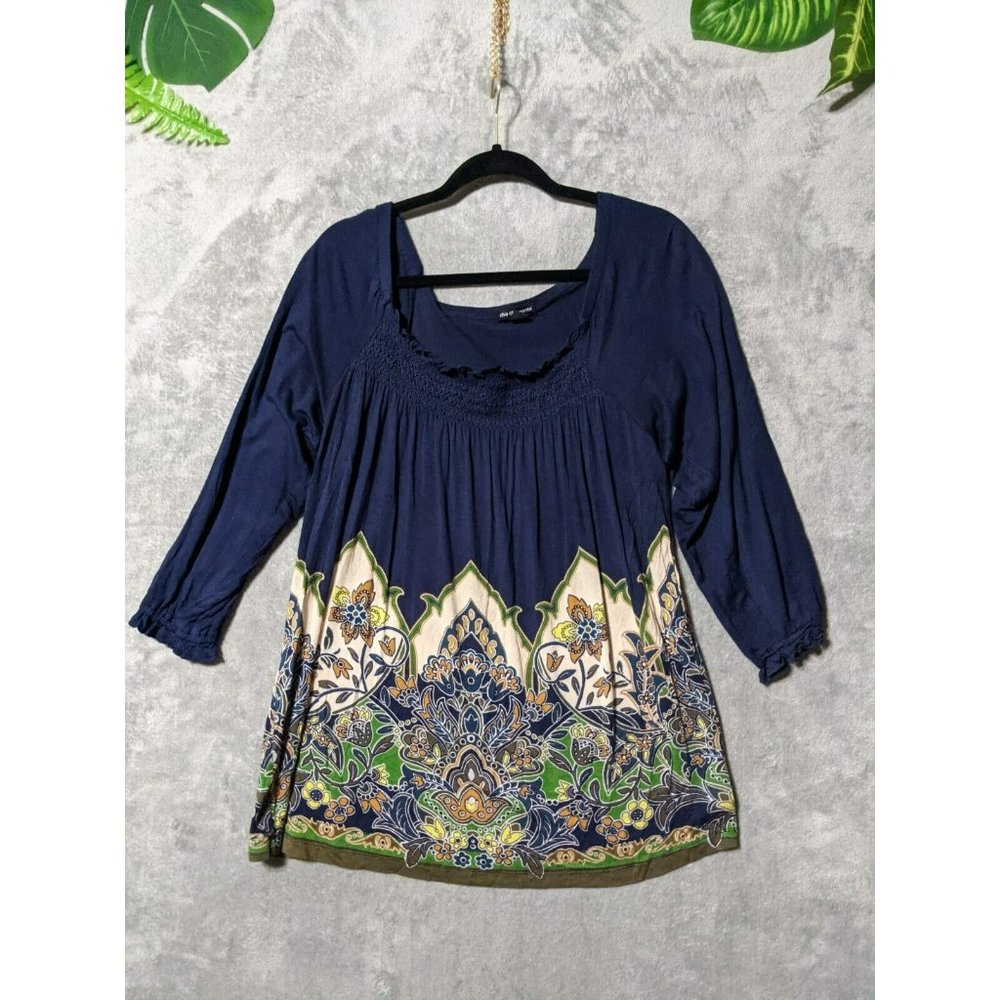 Cha Cha Venter Women floral Blouse Top Smocked Neckline Large